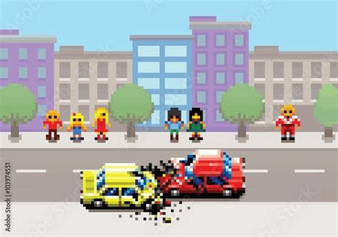 Car Crash Accident On Street Pixel Art Game Retro Layers Illustration