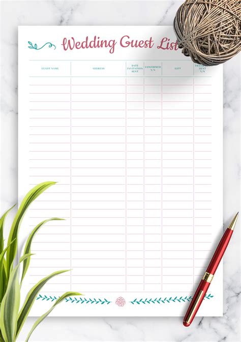 Download Printable Wedding Guest List With T Section Pdf