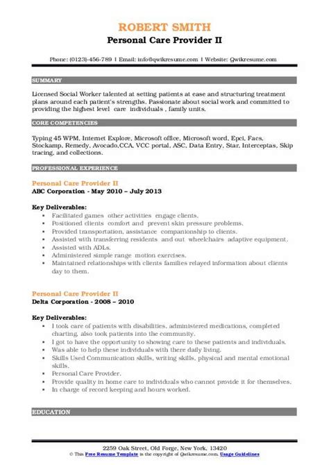 Personal Care Provider Resume Samples Qwikresume