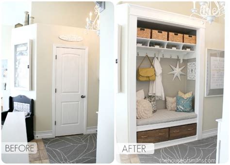 How to nest for less removed the old shelving in their closet and added new shelving for shoes and baskets for storage. Entry Way Closet Makeover