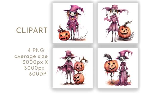 Pink Scarecrow Halloween Clipart Watercolor Png