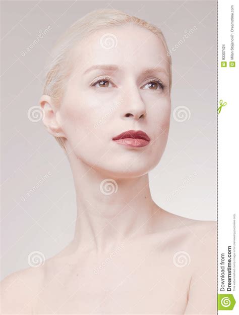 One Young Woman Pale Skin White Gray Hair Retouch Portrait Stock