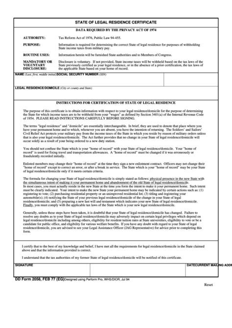 Fillable Dd Form 2058 State Of Legal Residence Certificate Printable
