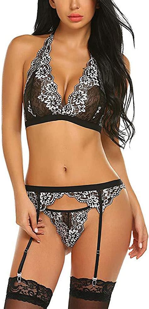 Vialogry Women Two Piece Lingerie Set Garter Bra And Panty Lace