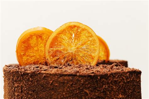 Top Of A Chocolate Cake Decorated With Caramelized Orange Slices Stock