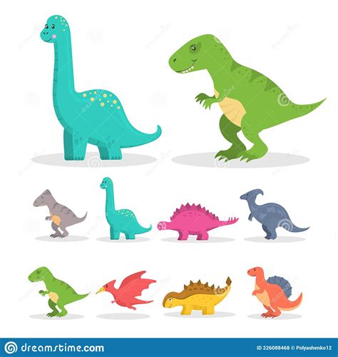 Set Of Cute Dinosaur Brontosaurus And Triceratops Stock Vector