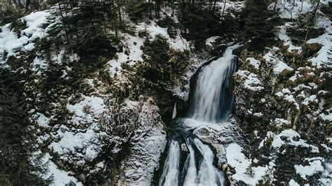 Download Wallpaper 2048x1152 Waterfall Ice Aerial View Snow Winter