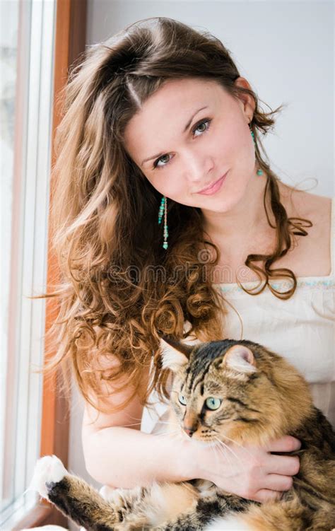 Brunette Girl And Her Cat Over Stock Image Image Of Beautiful Girl
