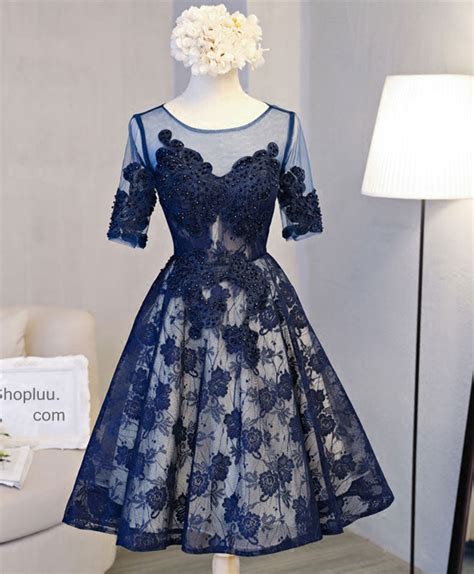 Cute Dark Blue Lace Short Prom Dress Blue Homecoming Dress