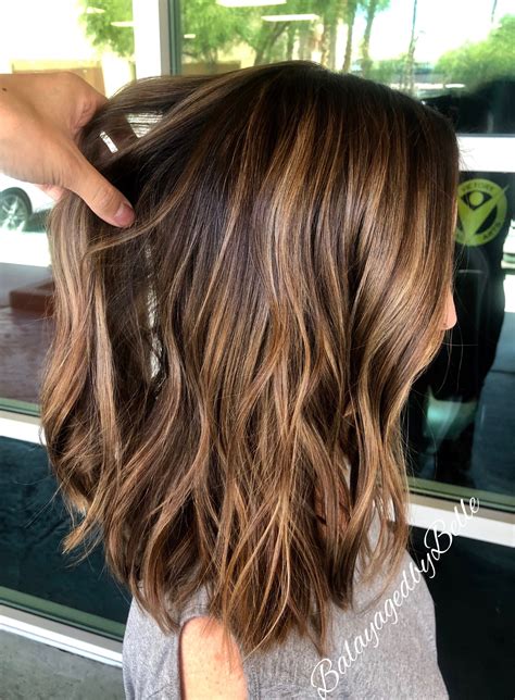 The result is a dark mahogany brown with hints of gold. Golden brown balayage, warm brown highlights, brunette lob ...