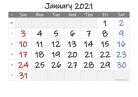 Printable January 2021 Calendar With Week Numbers
