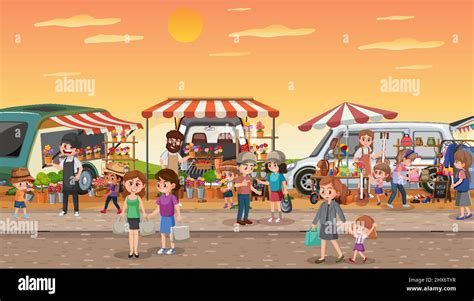 Flea Market Scene In Cartoon Style Illustration Stock Vector Image