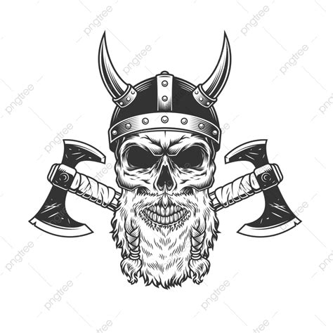 Cráneo Vikingo Escandinavo En Casco Con Cuernos Con Hachas Cruzadas En