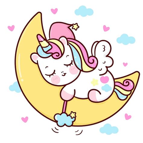 Lindo Unicornio Pegaso De Dibujos Animados Dormir En La Luna Con Varita