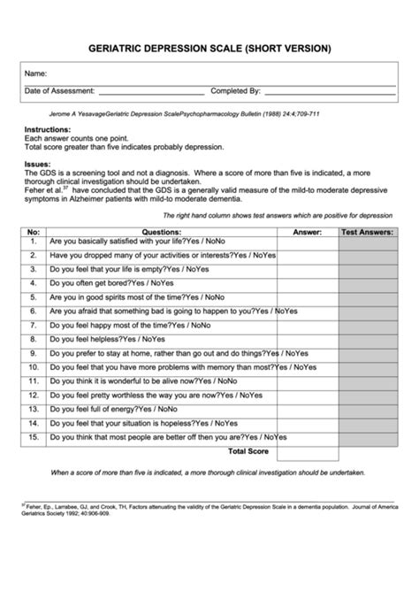 Geriatric Depression Scale Short Version Printable Pdf Download