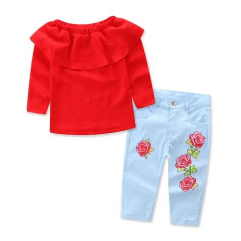 Arrival 2pcs Kid Baby Girls Clothes Set Red Off Should T Shrit Top 3d