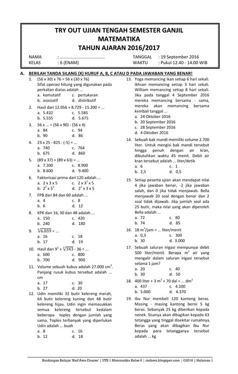 Soal Ujian Praktek Matematika Kelas 6 – Cuitan Dokter