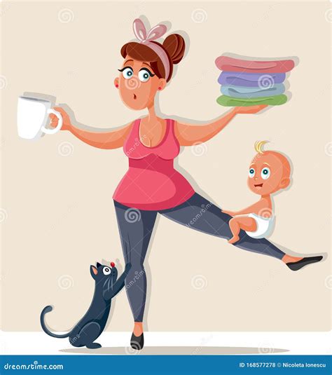 Busy Mom Feeling Overwhelmed With Household Chores Stock Vector