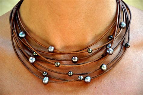 Pearl And Leather Necklace Multi Strand Necklace With Etsy Leather