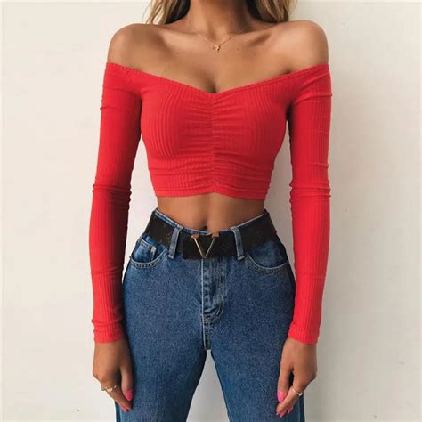 2021 Crop Top 2020 Sexy Long Sleeve Seller Ladies Top Woman Clothing Crop Tops Off Shoulder