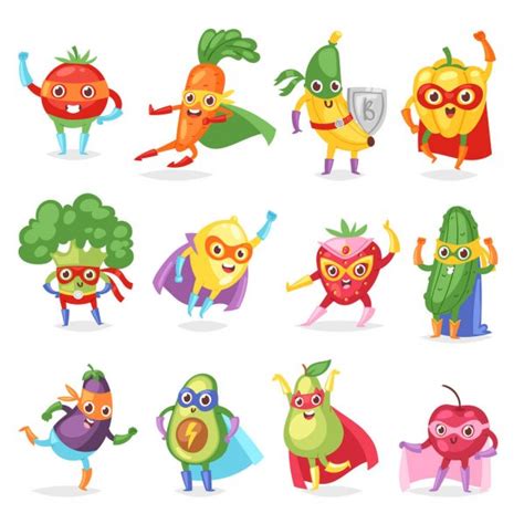 Cartoon Flat Characters Set Of Superhero Vegetables In Capes And Masks
