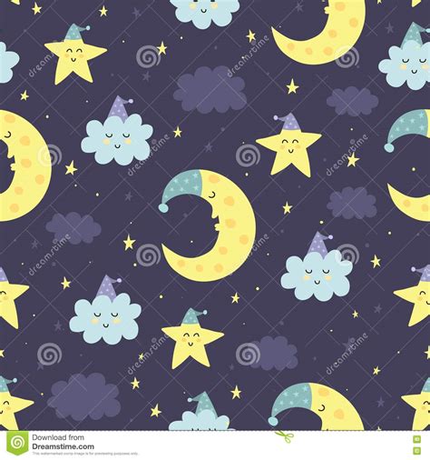 Good Night Seamless Pattern With Cute Sleeping Moon Stars Stock Vector