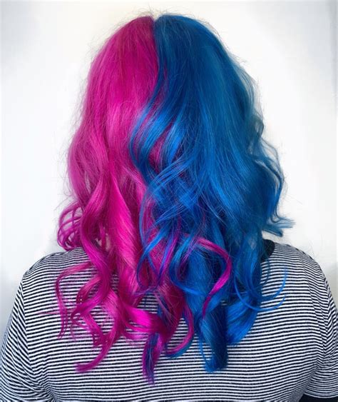 Half Half Two Color Hair Blue And Pink Hair Long Hair Color