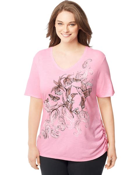 Just My Size Womens Plus Printed V Neck T Shirt W Side Shirring