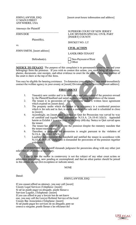 Jersey City New Jersey Complaint Landlord Tenant Notice Case US Legal Forms