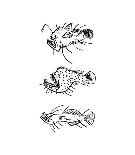 Angler Deep Sea Fish Hand Drawing Set Vector Illustration Stock Vector