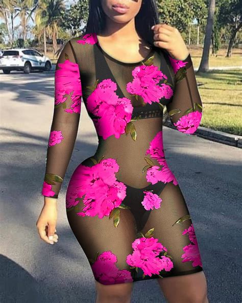 Floral Print Sheer Mesh Bodycon Dress