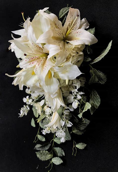 Dreamy Ivorywhite Cascading Bride Bouquet With Tiger Lilies Wisteria
