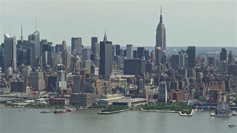 48k Stock Footage Aerial Video Of Midtown Manhattan Skyline And Hudson