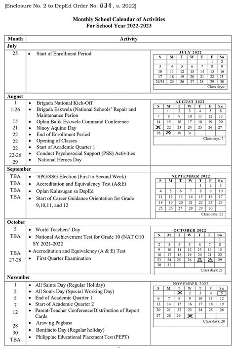 Monthly School Calendar Of Activities For School Year 2022 2023
