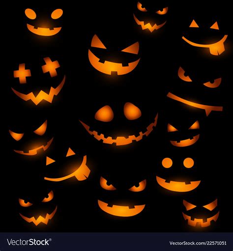 Halloween Background With Glowing Pumpkin Faces Vector Image