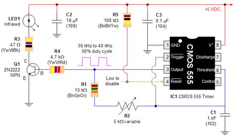 Circuit using 555 monostable multivibrator using 555 timer. Infrared Emitter from CMOS 555 - Robot Room