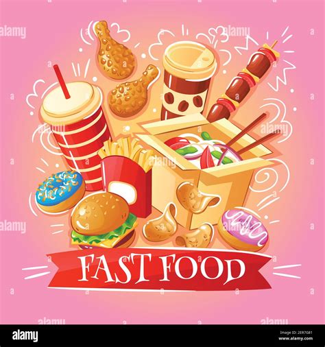 Fast Food Burgers Noodles Chicken Chips Desserts Drinks On Pink