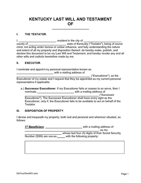 Free Kentucky Last Will And Testament Form Pdf Word Odt