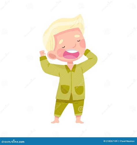 Sleepy Little Boy Wearing Pajamas Stretching And Yawning Vector