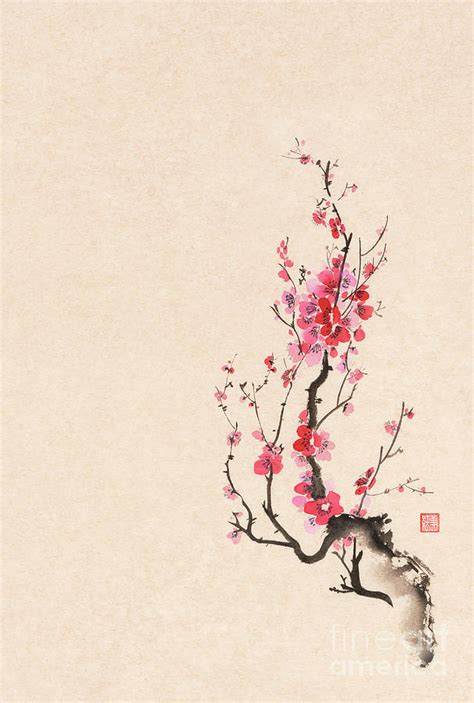 Japanese Sumi E Ink Painting Of An Iconic Plum Blossom Branch Wi