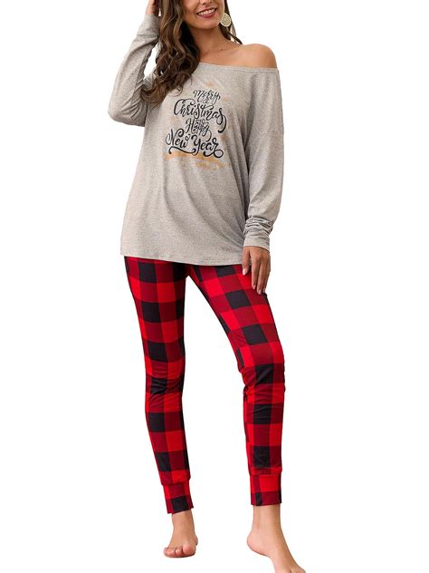 Christmas Pajamas Set For Women Ladies Long Sleeve Sexy Off Shoulder