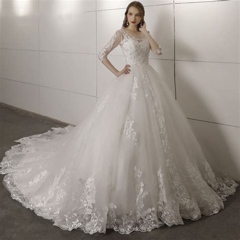 Long Sleeves Ball Gown Princess Wedding Bridal Dresses With Lace 2019