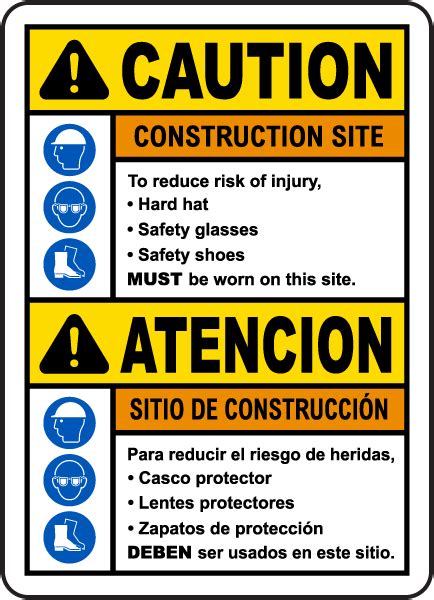Bilingual Caution Construction Site Risk Of Injury Sign Save 10