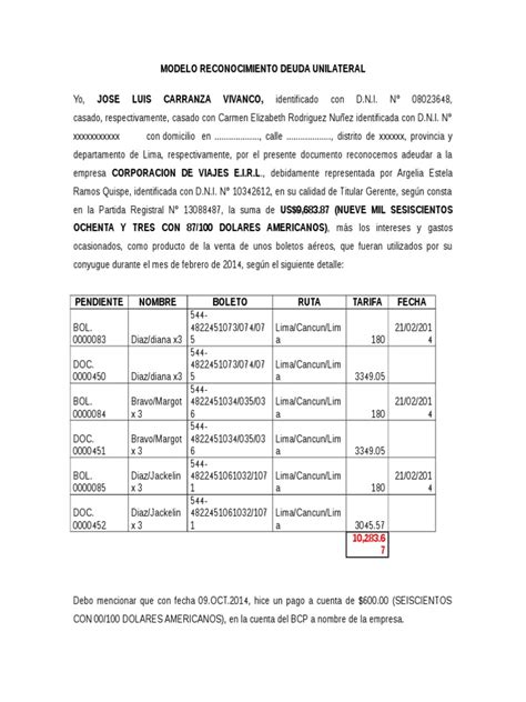 Modelo Reconocimiento Deuda Unilateral Pagos Pagaré Prueba