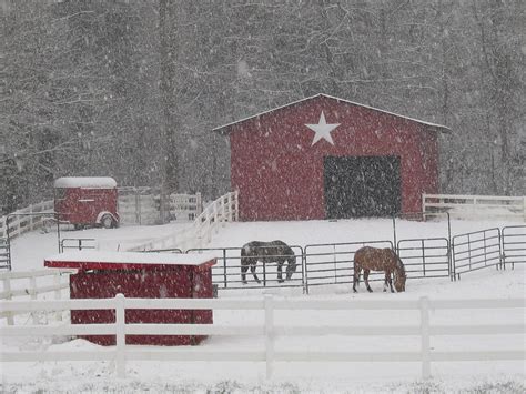 Love this picture of this old red barn in winter and with the horses
