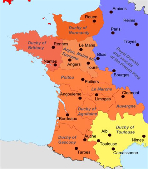 A Map Of France With All The Major Cities And Towns In Red Yellow