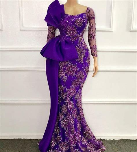Purple Aso Ebi Evening Dresses Long Sleeves Meramid Appliques Lace