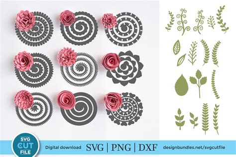 Rolled paper flowers SVG -9 rolled flower templates & leaves (532642