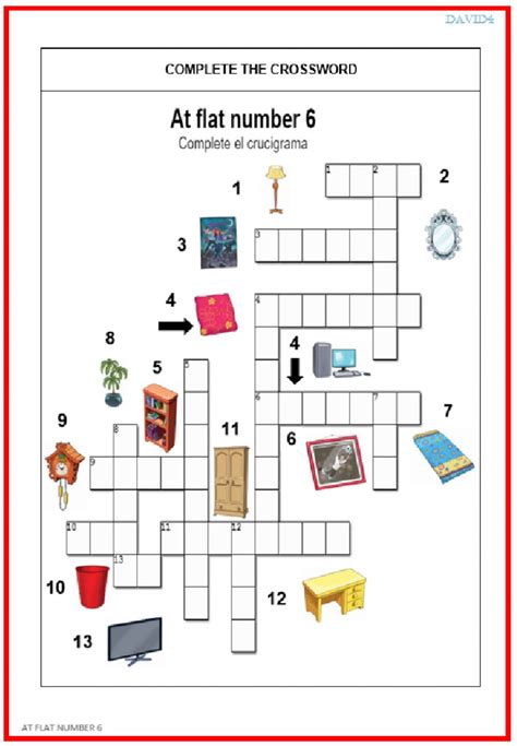 Complete The Furniture Words In The Crossword - At flat number 6. Wordsearch & Crossword worksheet