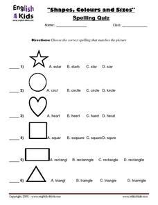 Grouped based on the shapes used like triangles, squares, rectangles, parallelograms in level 1, trapezoids and circles are added in level 2, kites and rhombus are included in level 3. ESL: Shapes, Colors and Sizes Spelling Quiz Worksheet for ...